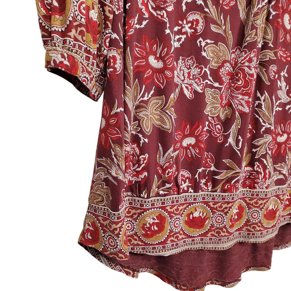 Lucky Brand Womens 1X Blouse Popover Burgundy Paisley Boho Tunic Top 3/4 Sleeve - Picture 5 of 11